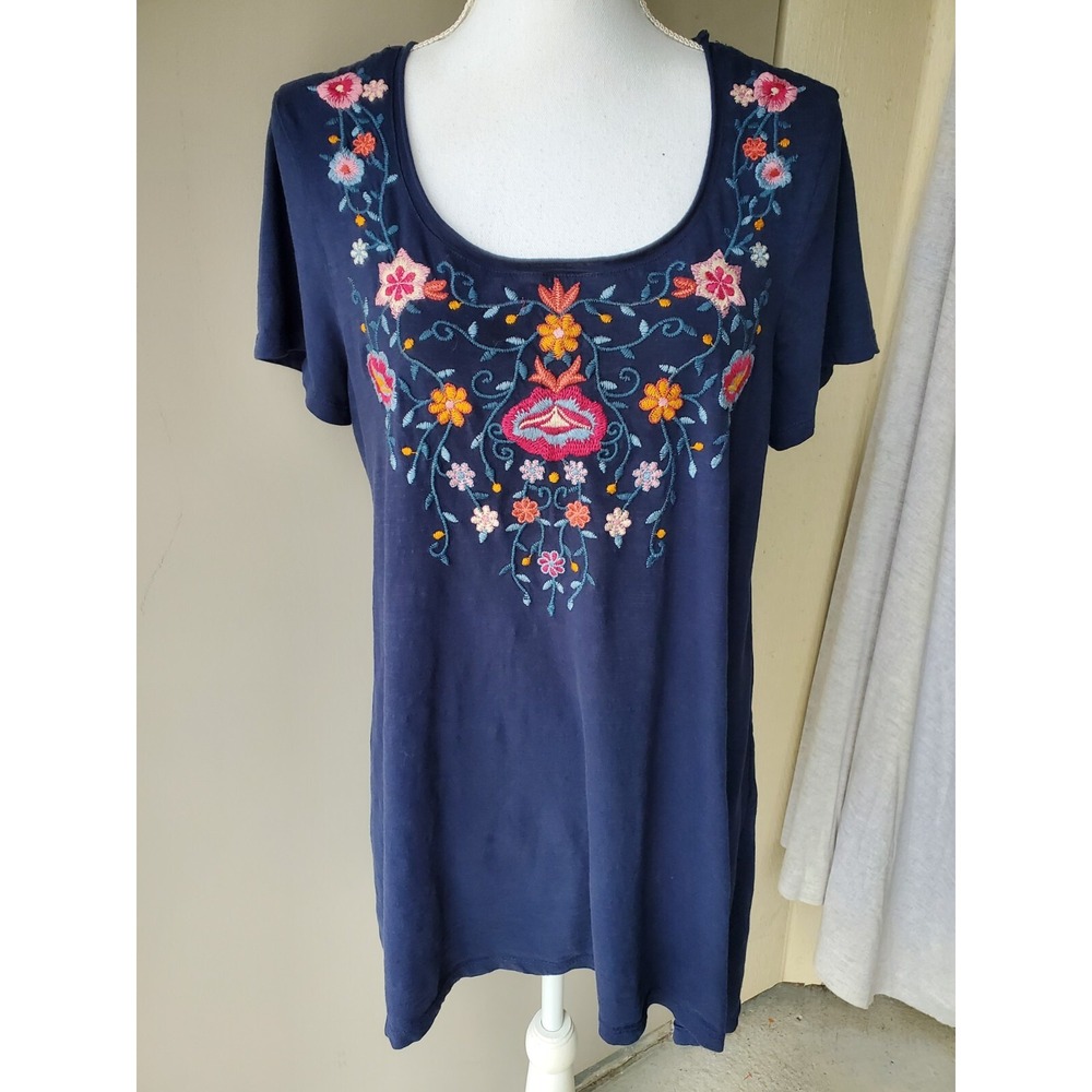 Terre Bleue‎ Tunic Top Womens Medium Blue Floral Embroidered Short Sleeve